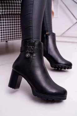 Damskie Botki Na Słupku Ocieplane Czarne Teleni