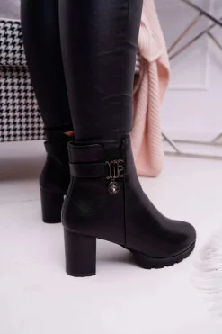 Damskie Botki Na Słupku Ocieplane Czarne Teleni