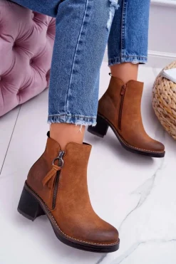 Damskie Botki Na Słupku Ocieplane Filcem Camel Delia