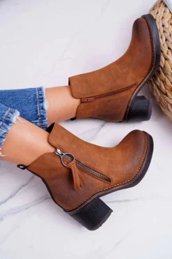 Damskie Botki Na Słupku Ocieplane Filcem Camel Delia