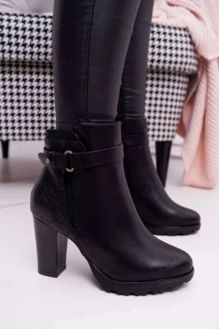 Damskie Botki Na Słupku Ocieplane Czarne Devin