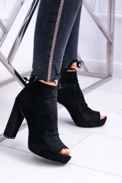 Damskie Botki Na Słupku Odkryte Palce Czarne Temira