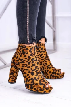 Damskie Botki Na Słupku Odkryte Palce Panterka Temira