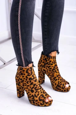 Damskie Botki Na Słupku Odkryte Palce Panterka Temira