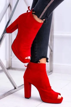 Damskie Botki Na Słupku Odkryte Palce Czerwone Temira