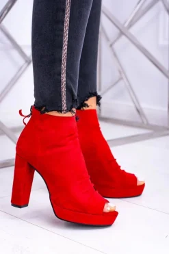Damskie Botki Na Słupku Odkryte Palce Czerwone Temira