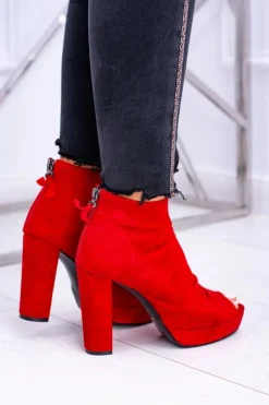 Damskie Botki Na Słupku Odkryte Palce Czerwone Temira