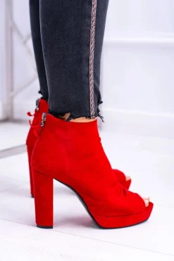 Damskie Botki Na Słupku Odkryte Palce Czerwone Temira