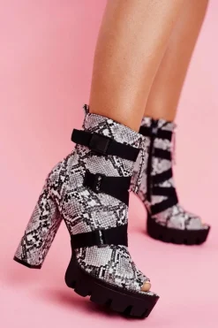 Damskie Botki Na Słupku Open Toe Skóra Węża Gladios