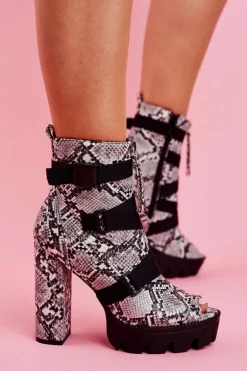 Damskie Botki Na Słupku Open Toe Skóra Węża Gladios