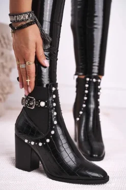 Damskie Botki Na Słupku Perły Czarne Verbos