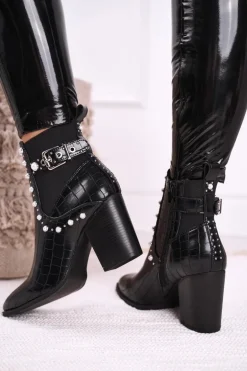 Damskie Botki Na Słupku Perły Czarne Verbos