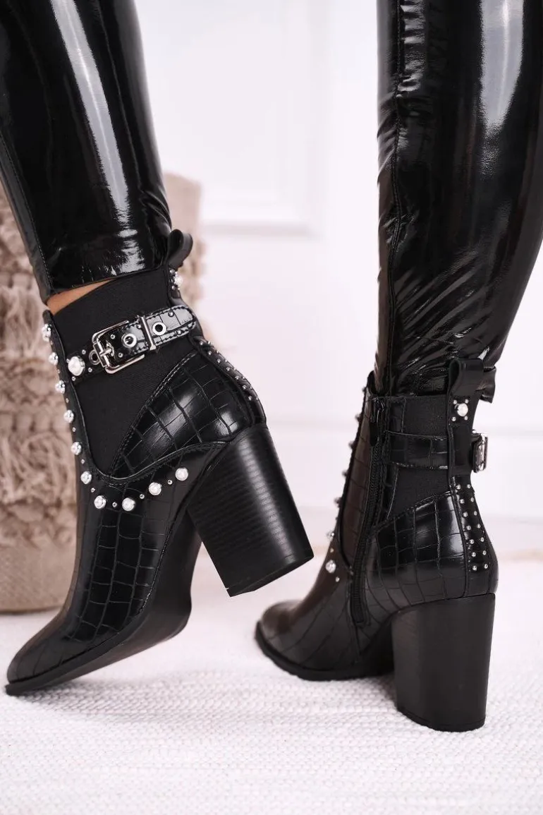 Damskie Botki Na Słupku Perły Czarne Verbos