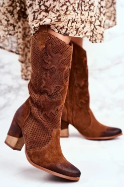 Damskie Botki Na Słupku Skórzane Wysokie Koniak Rosemary