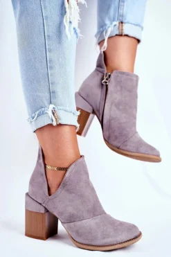 Damskie Botki Na Słupku Szare Wycięte Meliori