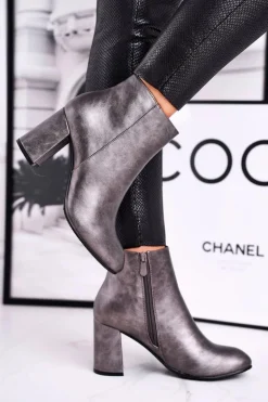 Damskie Botki Na Słupku Szare Gun