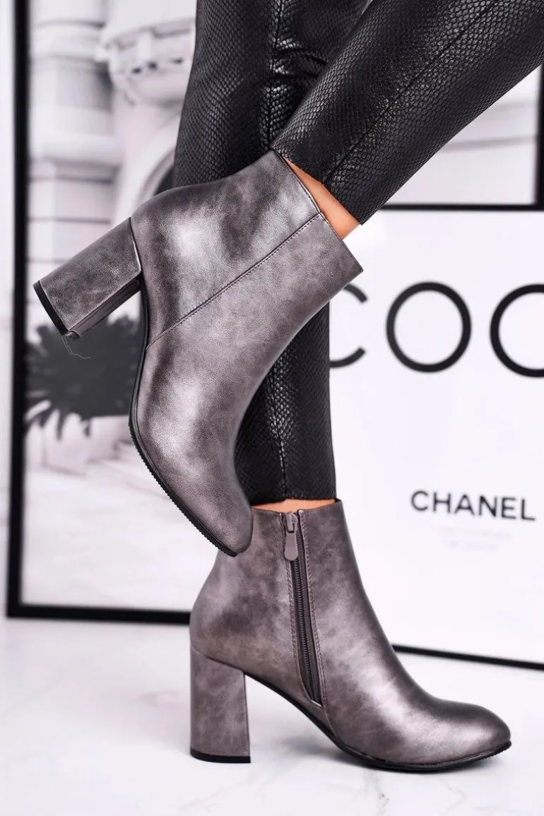 Damskie Botki Na Słupku Szare Gun