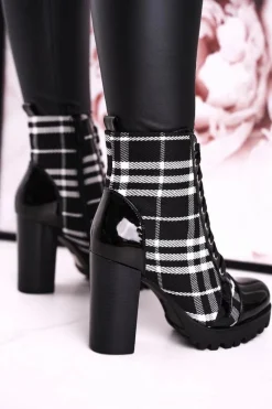 Damskie Botki Na Słupku W Kratę Czarne Blair