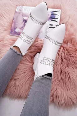 Damskie Botki Na Słupku W Szpic Z Nitami Białe Primma