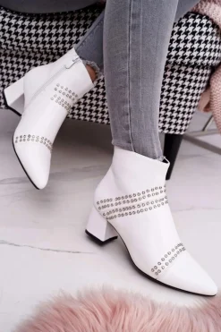 Damskie Botki Na Słupku W Szpic Z Nitami Białe Primma