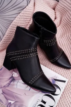 Damskie Botki Na Słupku W Szpic Z Nitami Czarne Primma