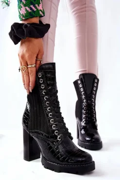 Damskie Botki Na Słupku Wysokie Wzór Krokodyla Czarne Erdogan