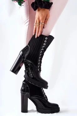 Damskie Botki Na Słupku Wysokie Wzór Krokodyla Czarne Erdogan