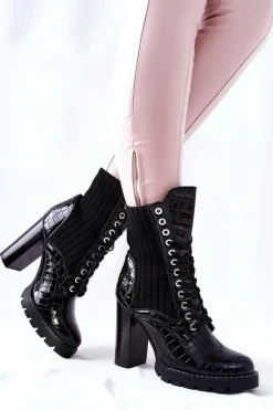 Damskie Botki Na Słupku Wysokie Wzór Krokodyla Czarne Erdogan