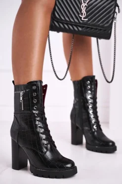 Damskie Botki Na Słupku Wysokie Czarne Bregma