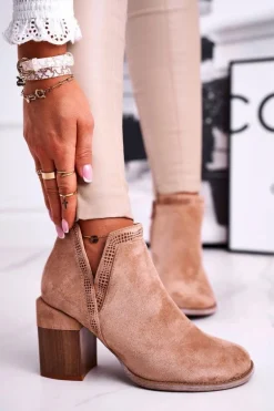 Damskie Botki Na Słupku Wycięte Khaki Meliori Dream