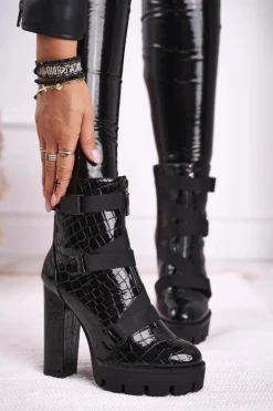 Damskie Botki na Słupku Wysokie Czarne Hortego