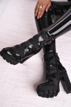 Damskie Botki na Słupku Wysokie Czarne Hortego