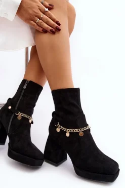 Damskie Botki Na Słupku Z Łańcuszkiem Czarne Tiselo
