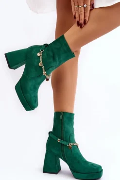 Damskie Botki Na Słupku Z Łańcuszkiem Zielone Tiselo