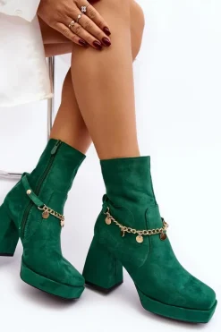 Damskie Botki Na Słupku Z Łańcuszkiem Zielone Tiselo