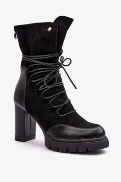 Damskie Botki Na Słupku Z Wiązaniem Czarne Artie