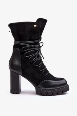 Damskie Botki Na Słupku Z Wiązaniem Czarne Artie