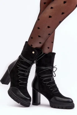 Damskie Botki Na Słupku Z Wiązaniem Czarne Artie