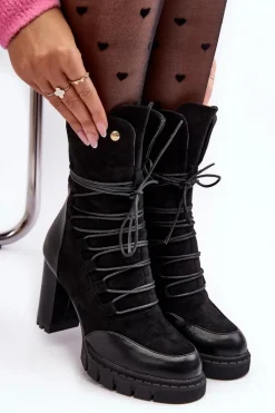 Damskie Botki Na Słupku Z Wiązaniem Czarne Artie