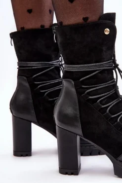 Damskie Botki Na Słupku Z Wiązaniem Czarne Artie