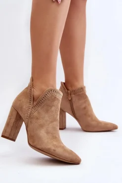 Damskie Botki Na Słupku Z Wycięciem Beżowe Kerestia