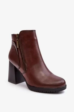 Damskie Botki Na Słupku Z Suwakami Brązowe Ryelle