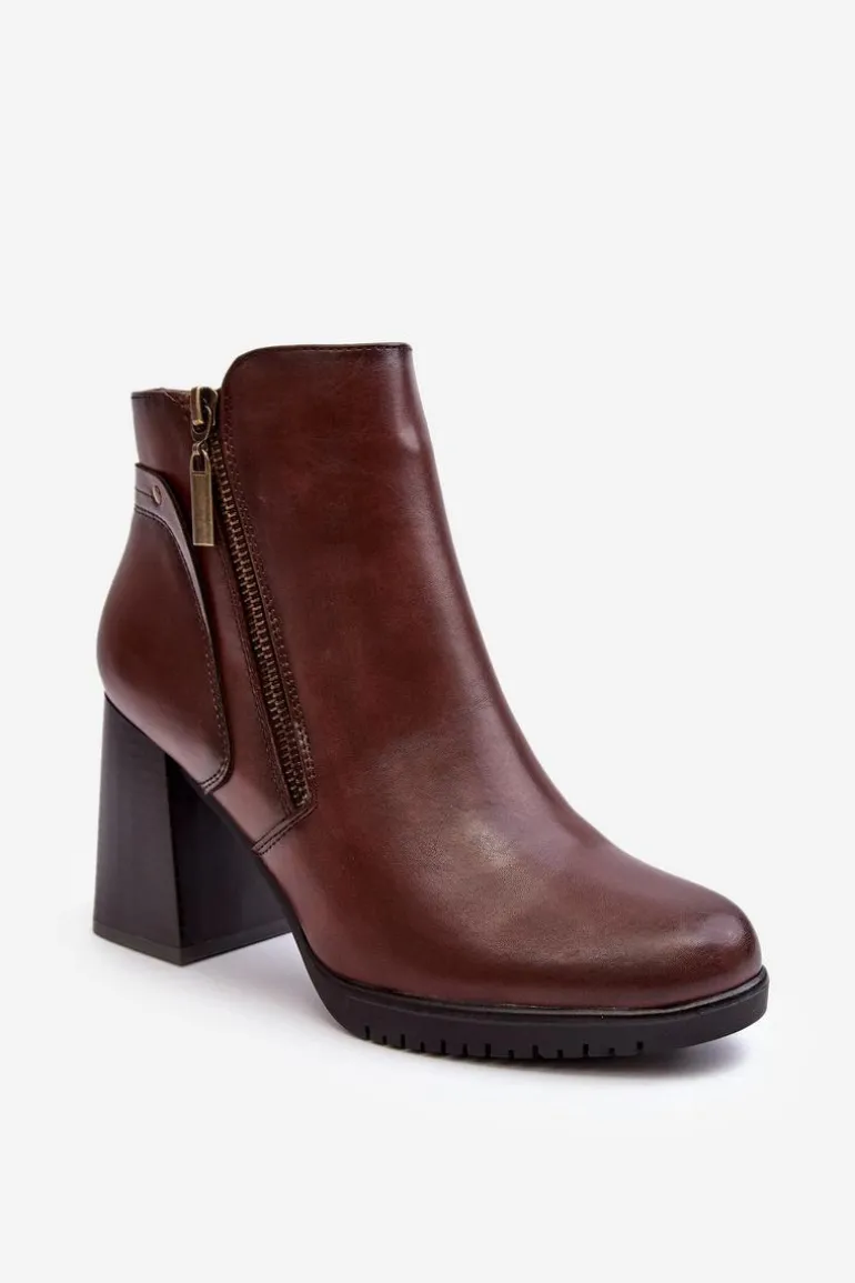 Damskie Botki Na Słupku Z Suwakami Brązowe Ryelle