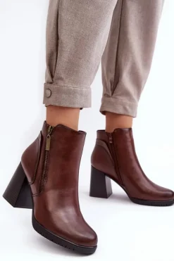 Damskie Botki Na Słupku Z Suwakami Brązowe Ryelle