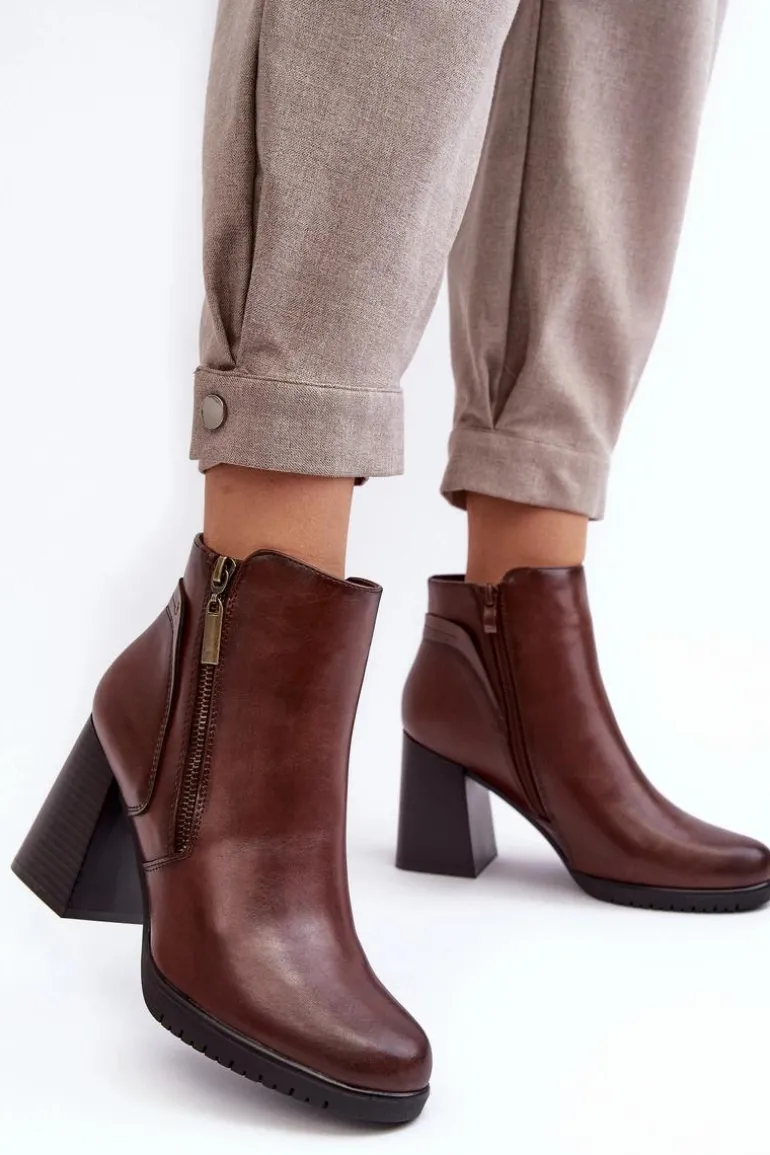 Damskie Botki Na Słupku Z Suwakami Brązowe Ryelle