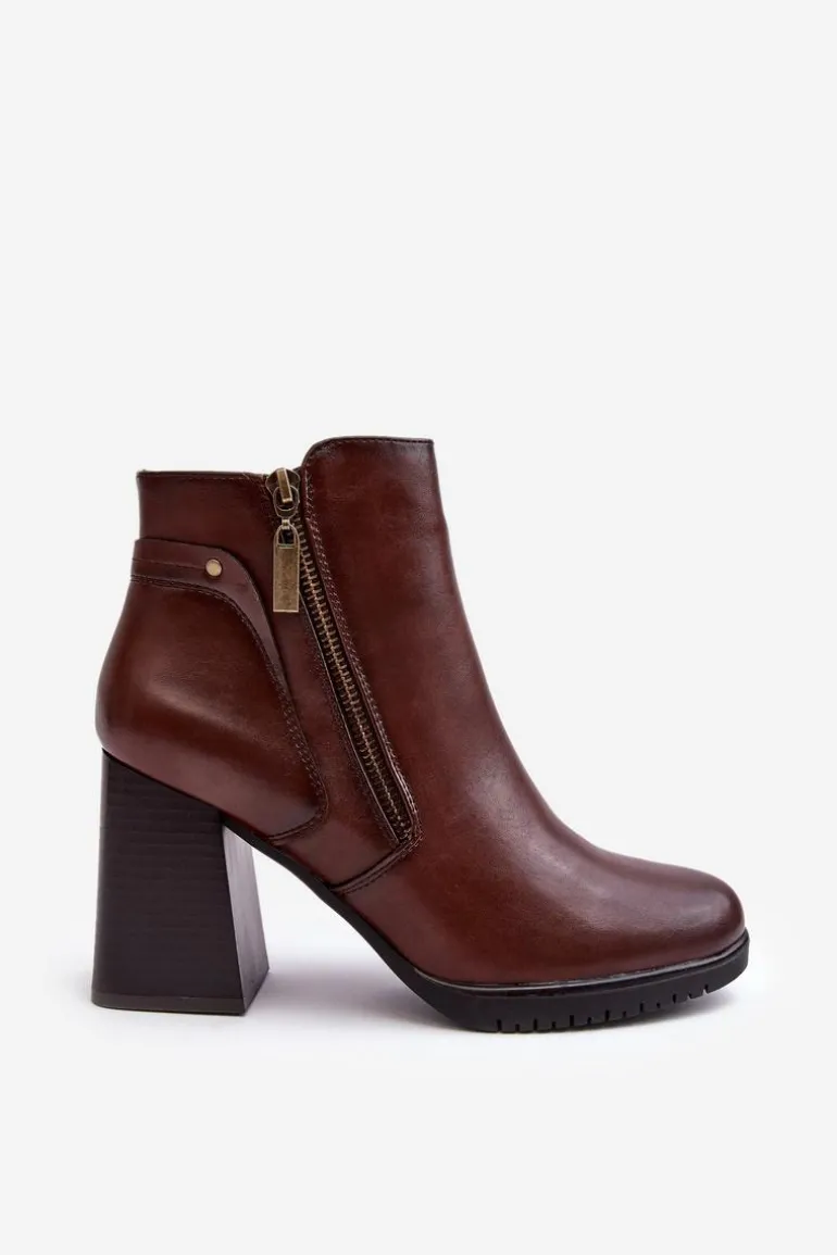 Damskie Botki Na Słupku Z Suwakami Brązowe Ryelle