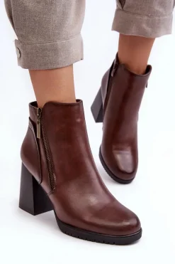 Damskie Botki Na Słupku Z Suwakami Brązowe Ryelle