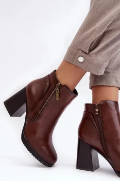 Damskie Botki Na Słupku Z Suwakami Brązowe Ryelle