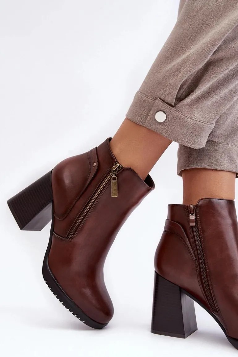 Damskie Botki Na Słupku Z Suwakami Brązowe Ryelle