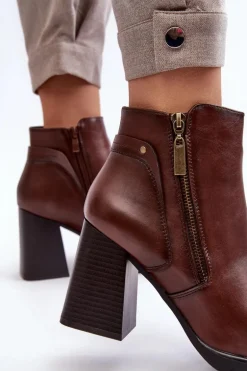 Damskie Botki Na Słupku Z Suwakami Brązowe Ryelle